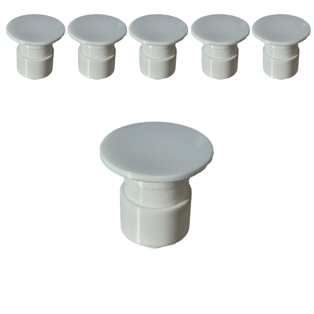 6 White Adjustable Golf Inserts Without Turf on a white background.
